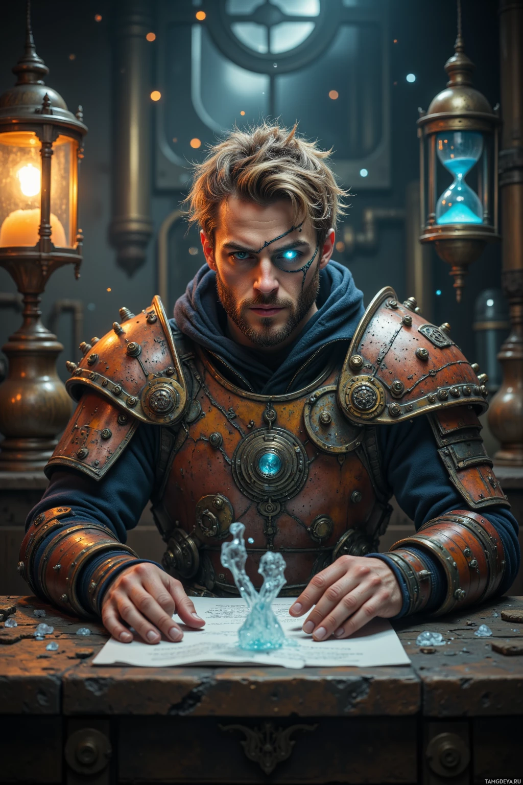 A person in steampunk armor sits at a desk with glowing blue eyes and a glowing blue crystal.