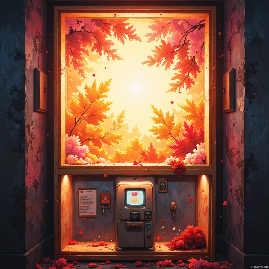 A window with autumn leaves and a retro television set inside a rustic room.