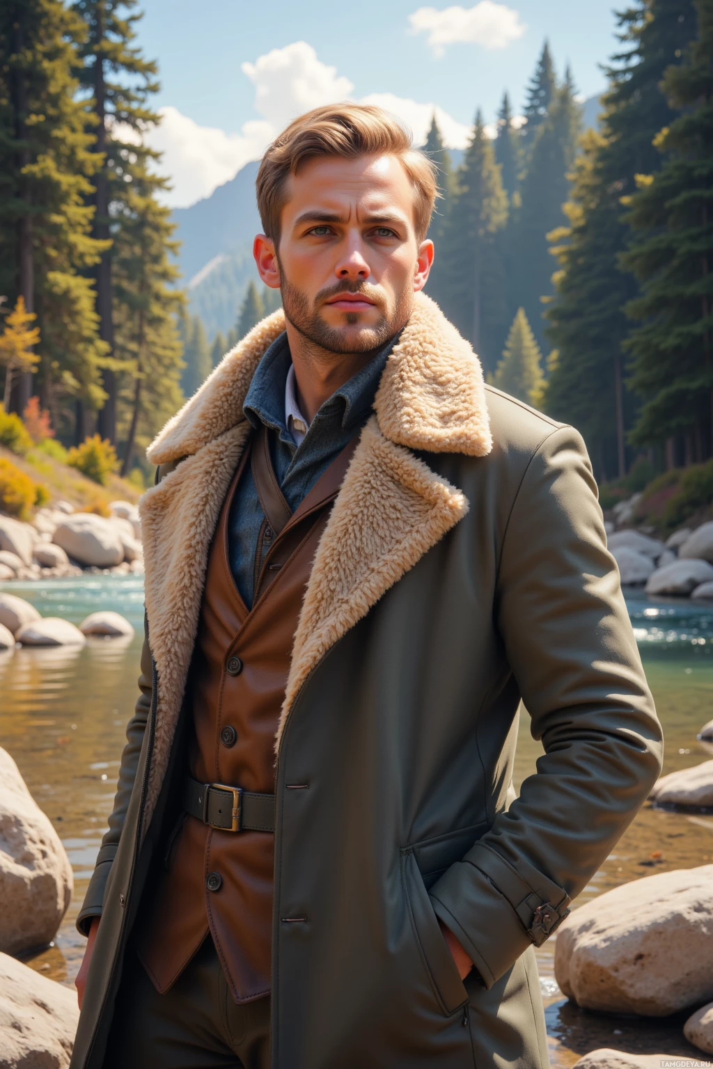 A man stands by a river in a forested area, wearing a stylish coat with a fur collar.