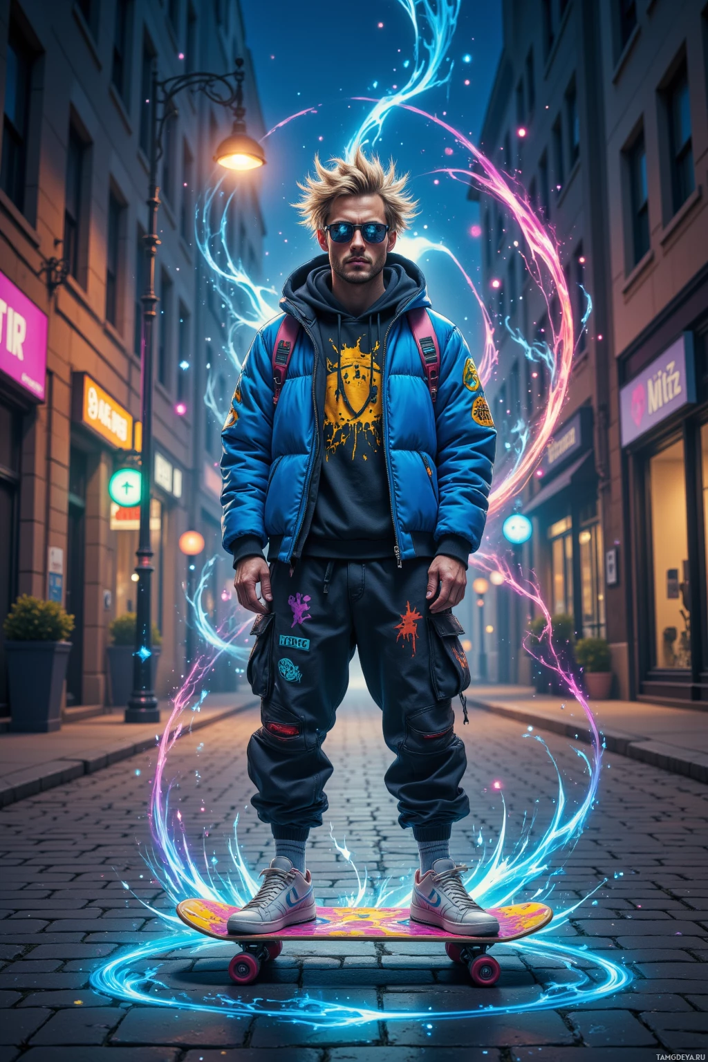 A person stands on a skateboard with glowing energy effects around them in an urban setting.