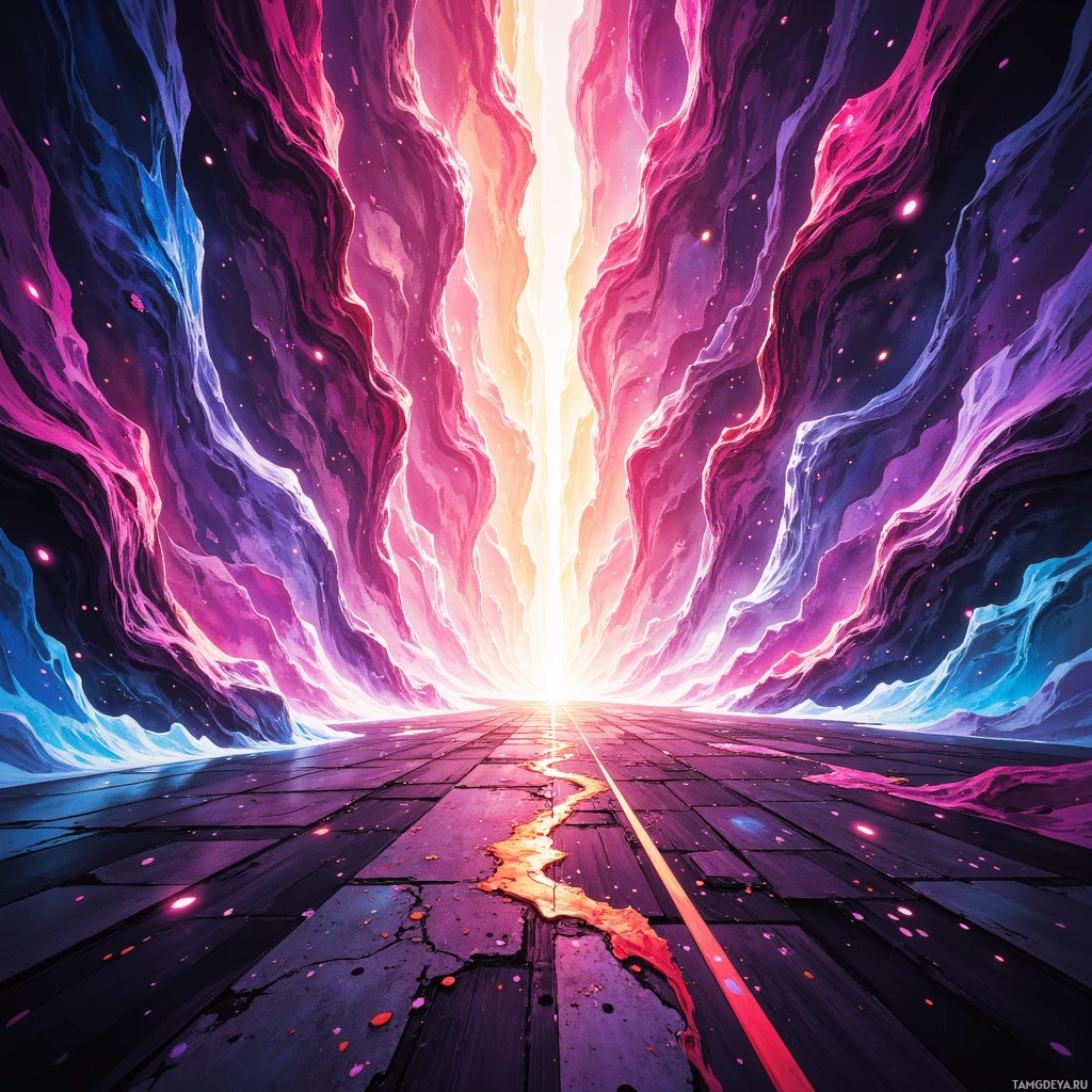 A vibrant, cosmic scene with glowing, flowing energy and a bright light at the center.