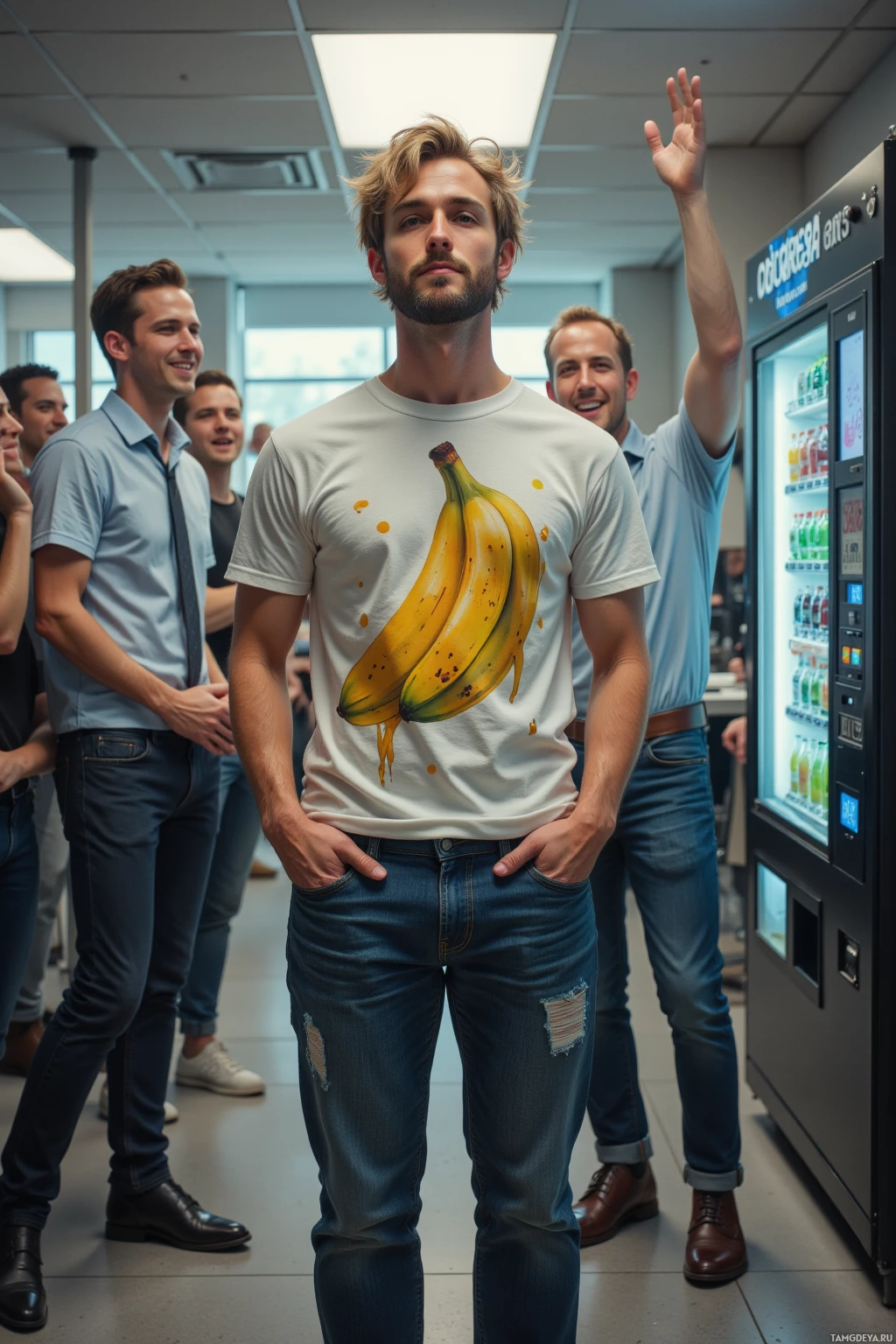 A man in a white t-shirt with a banana graphic stands in a hallway with others.