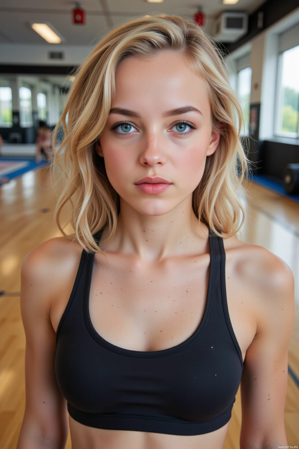 A person wearing a black sports bra in a gym setting.