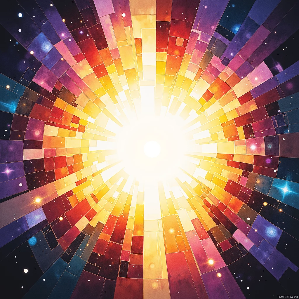 A vibrant, radiating burst of colors converging towards a bright center, resembling a cosmic or abstract art piece.