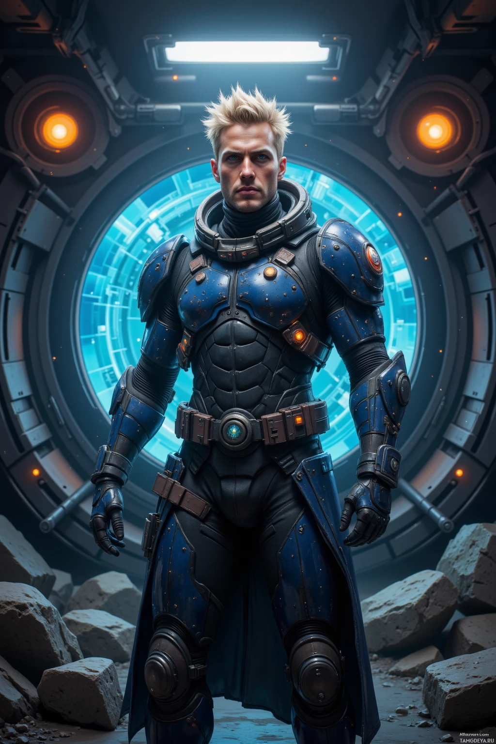 A futuristic armored figure stands in a sci-fi environment with glowing lights and a circular portal behind.