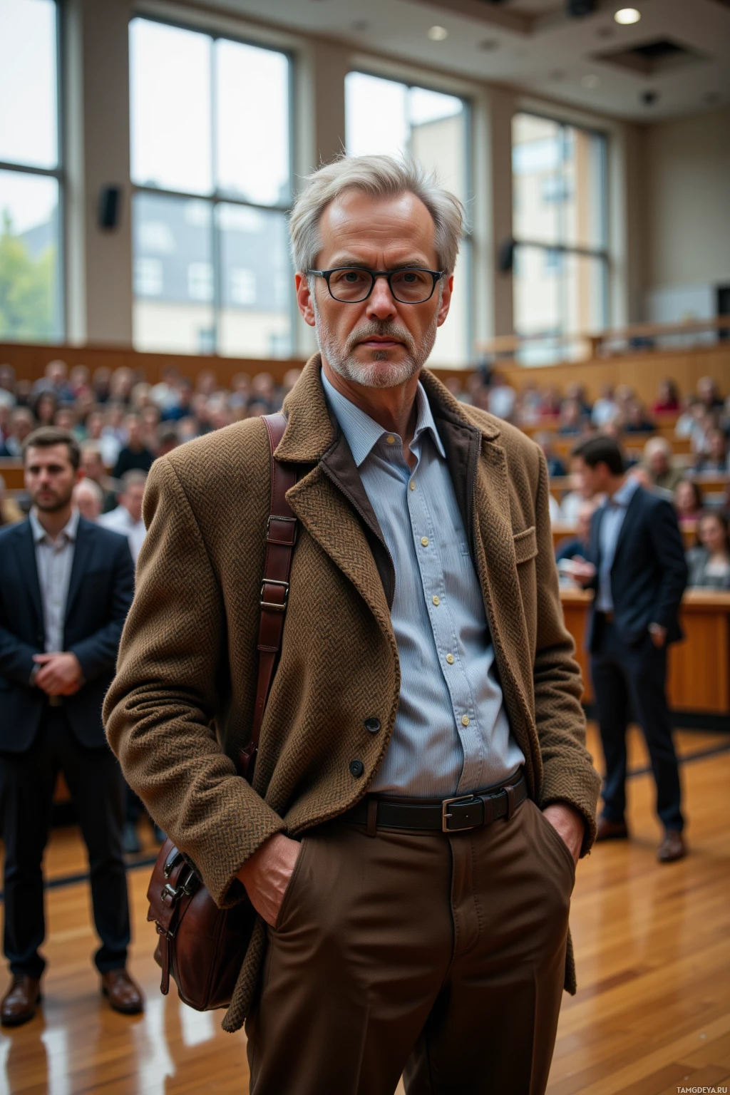 A man in a brown blazer and glasses stands in a lecture hall with an audience in the background.