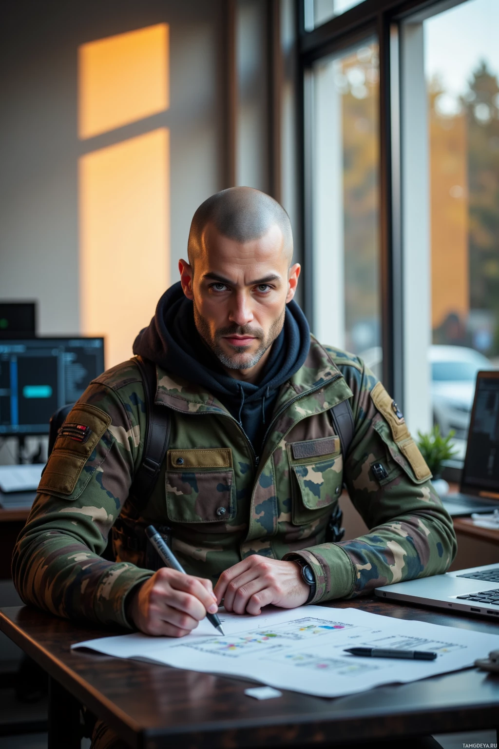 A man in a camouflage jacket sits at a desk, writing on a document.