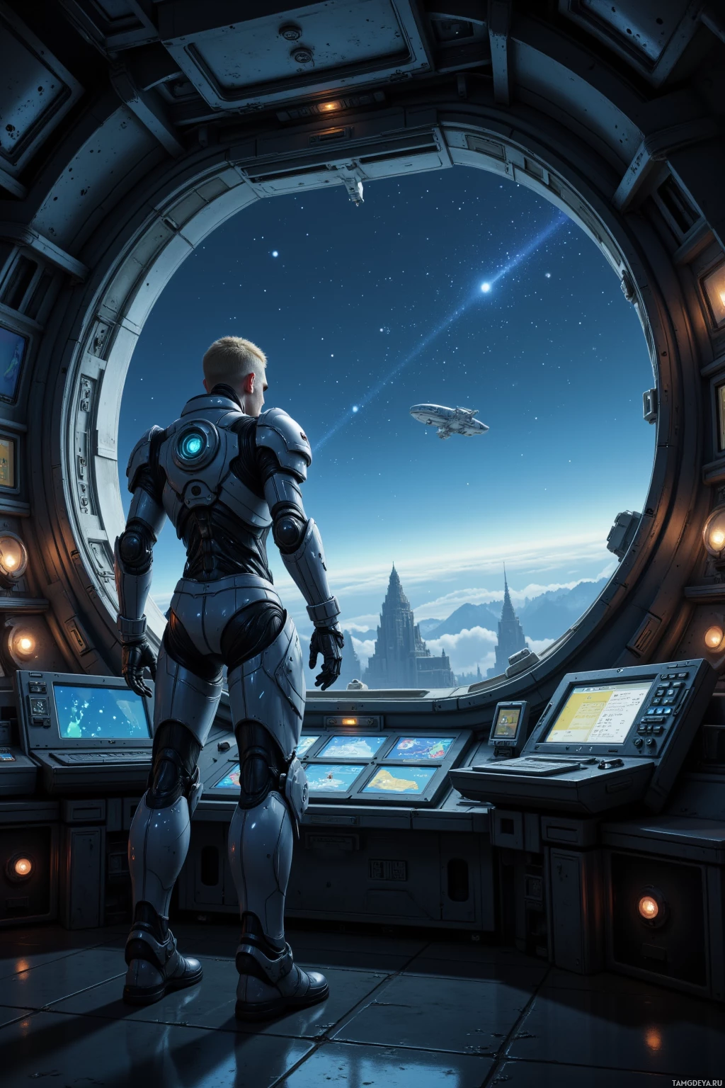 A futuristic astronaut stands in a spacecraft, gazing out at a starry sky and distant structures.
