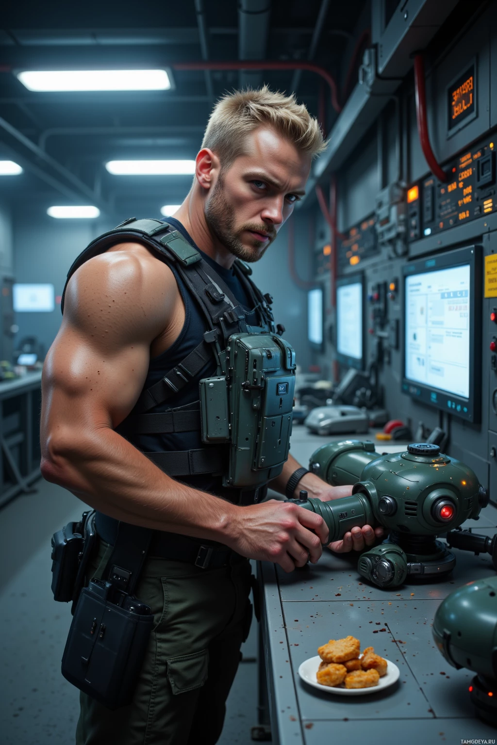 A muscular man in tactical gear stands in a high-tech control room, holding a device.