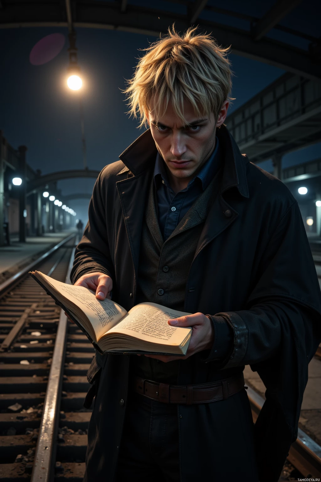 A man in a dark coat stands on a train platform at night, reading an open book.