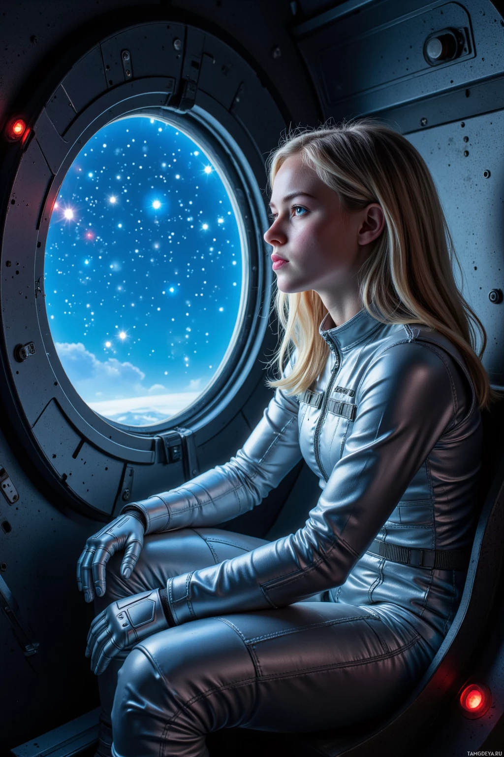 A person in a futuristic space suit sits inside a spacecraft, gazing out at a starry space view through a circular window.