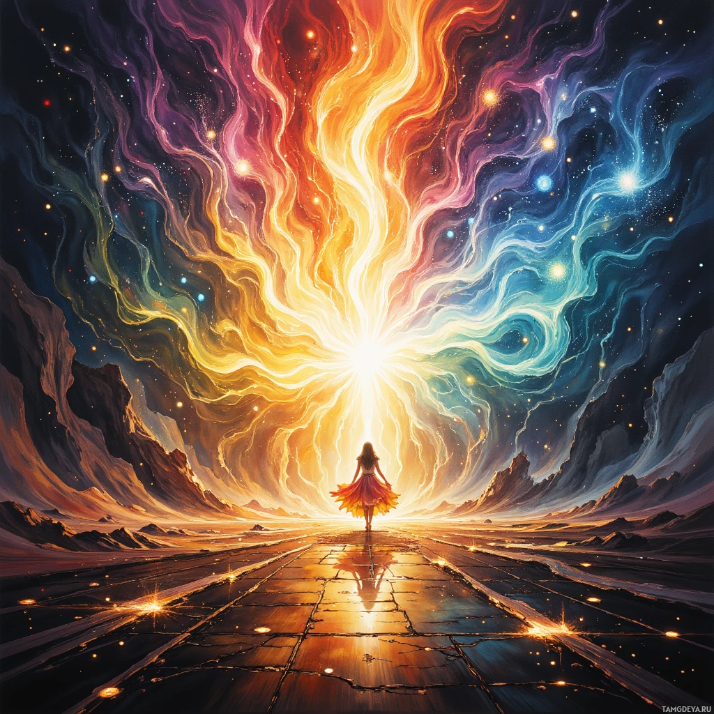 A woman walks towards a radiant, colorful sky with swirling patterns and glowing stars.