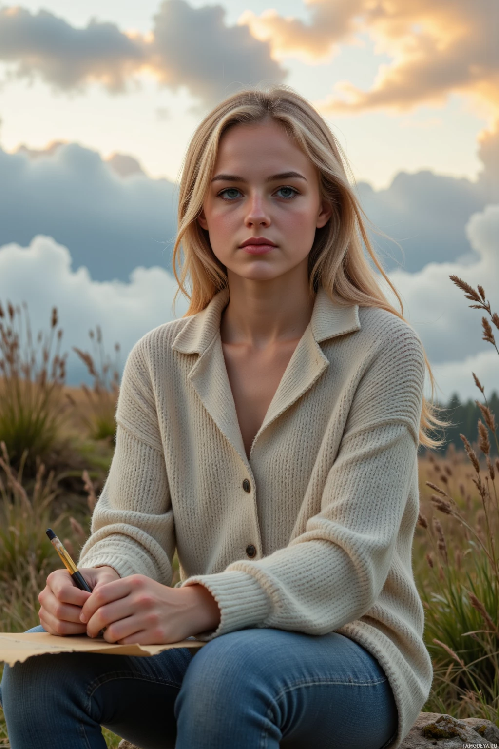 A person in a beige cardigan and jeans sits outdoors, holding a pencil and paper.