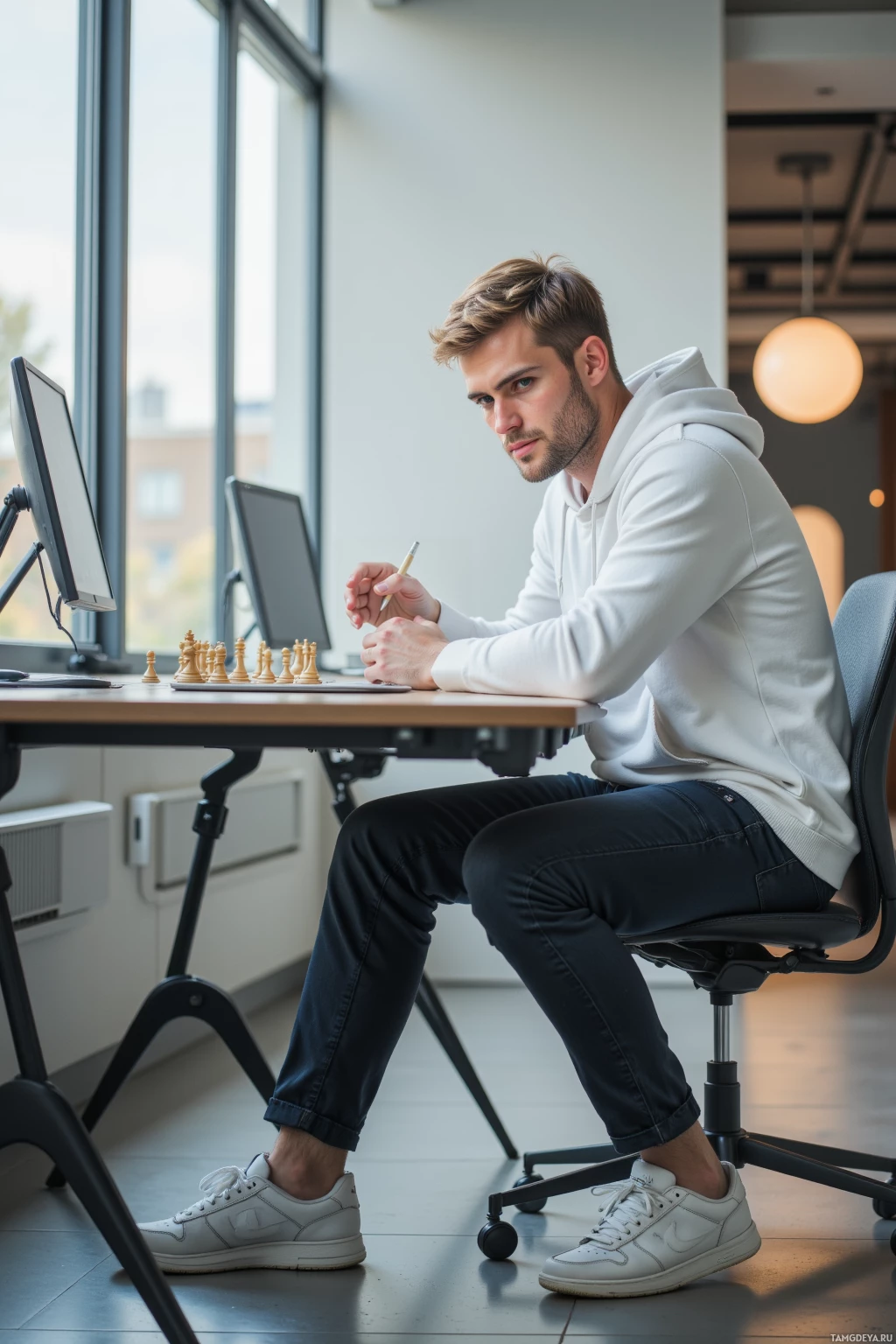 A man sits at a desk in a modern office, working on a computer.