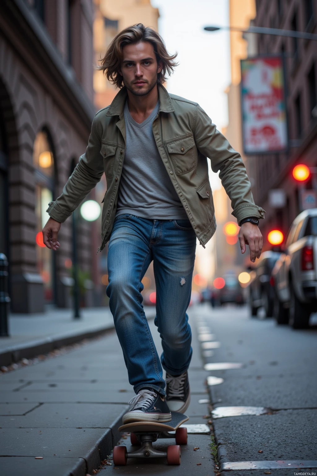 A person skateboarding on a city sidewalk.