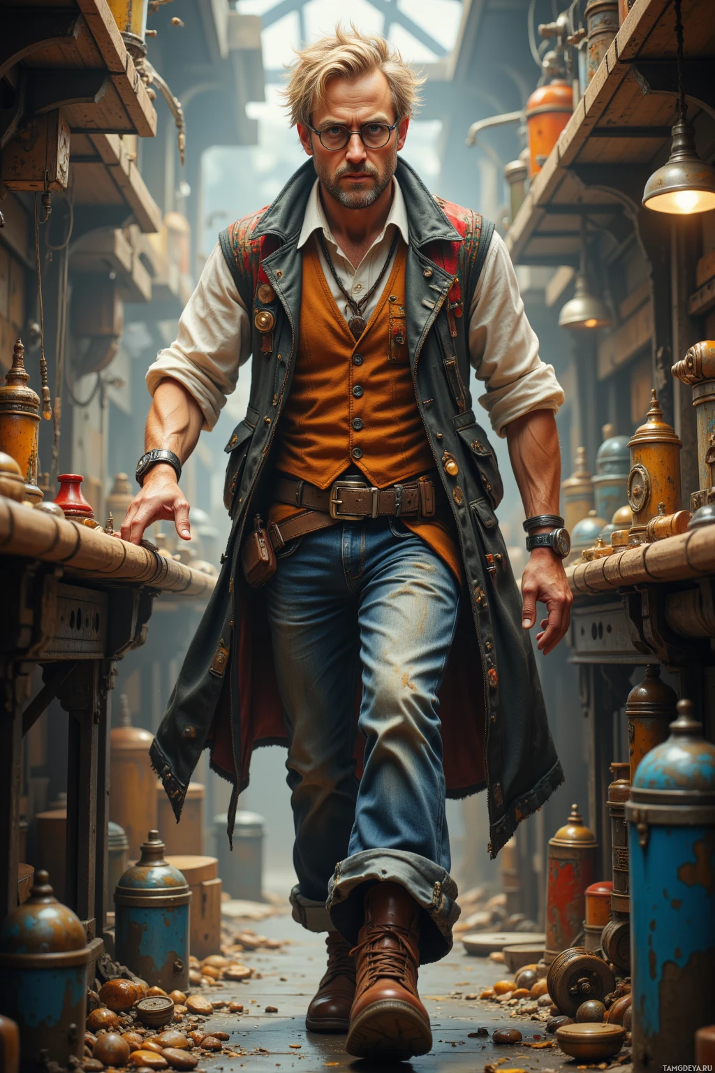 A man in a rugged outfit stands in a dimly lit, cluttered workshop.