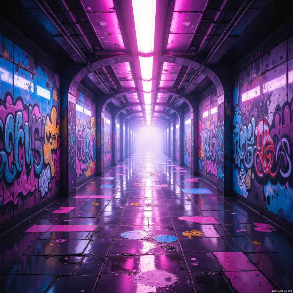 A neon-lit corridor with vibrant graffiti on the walls and a glowing light at the end.