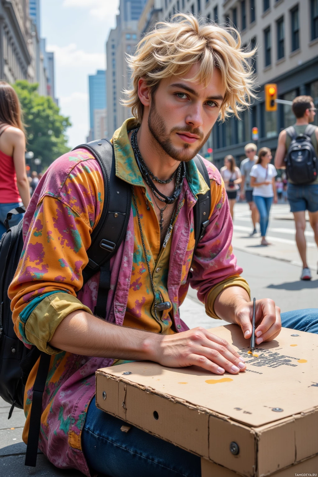 A person with blonde hair and a colorful shirt is sitting on a sidewalk, writing on a cardboard box.