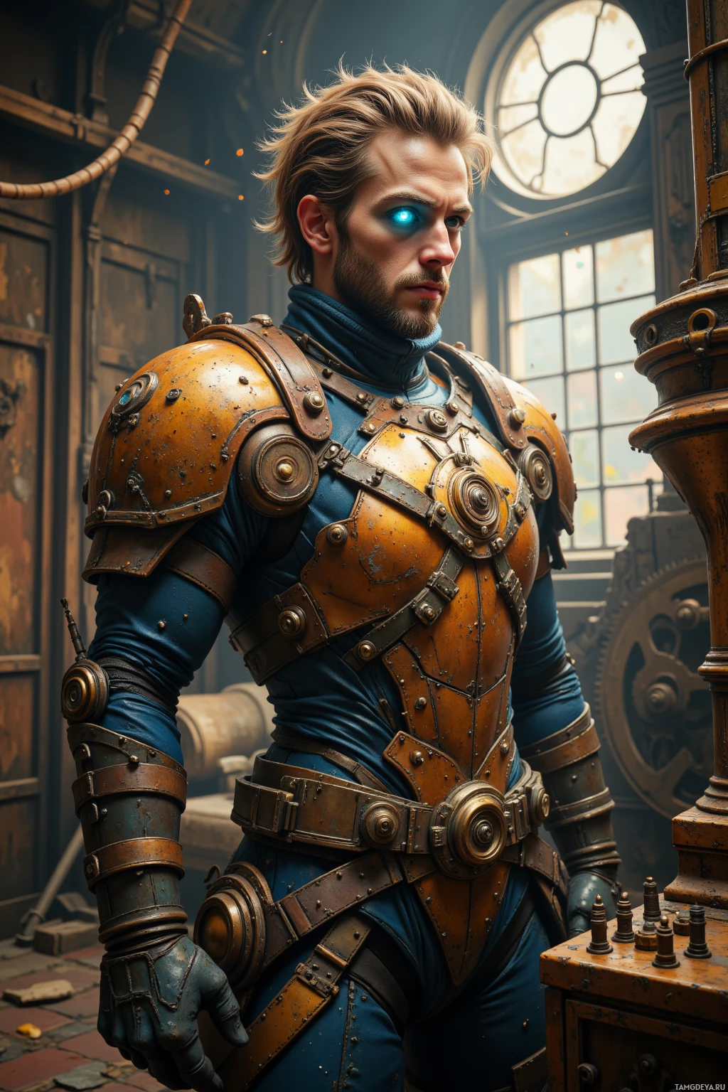 A person in a detailed, steampunk-inspired armor stands in a dimly lit, industrial setting.