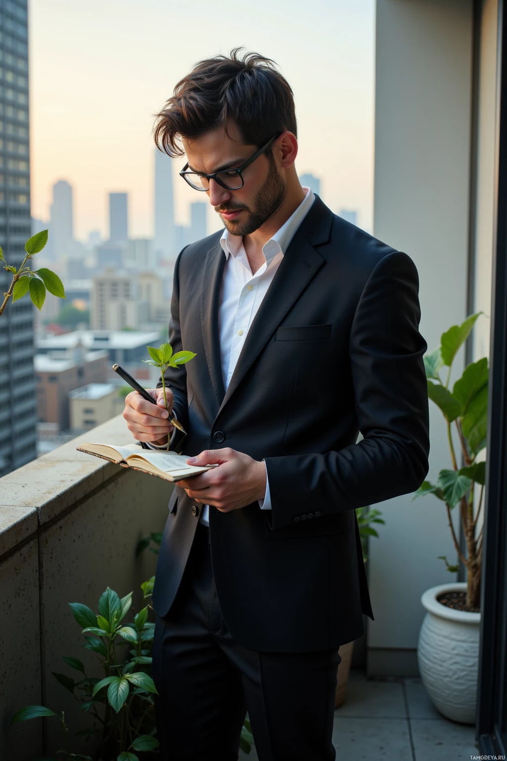 A man in a suit stands on a balcony, writing in a notebook.