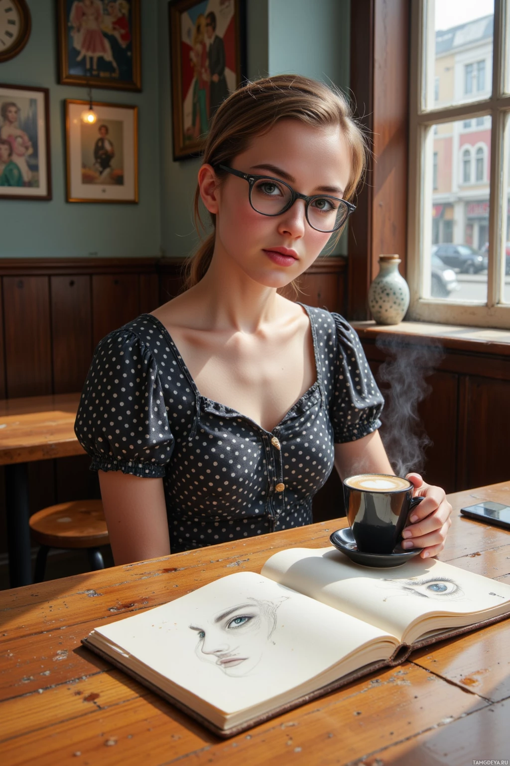 A woman in a polka-dot dress sits at a wooden table, holding a steaming cup of coffee and sketching a portrait.