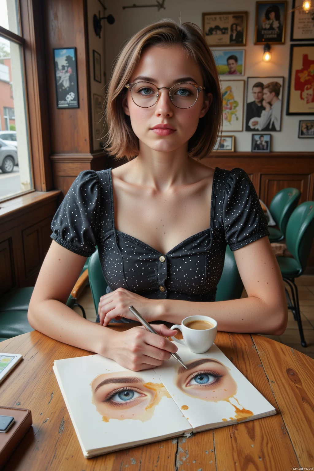 A person wearing glasses sits at a table in a café, holding a pen and a cup of coffee, with a sketchbook open in front of them.
