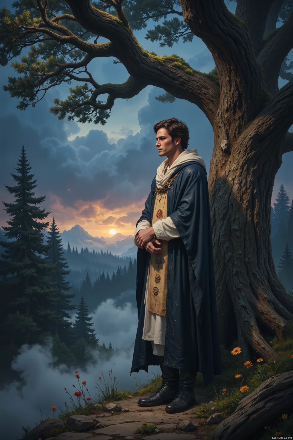 A man in a blue robe stands under a large tree, gazing into a misty forest at sunset.