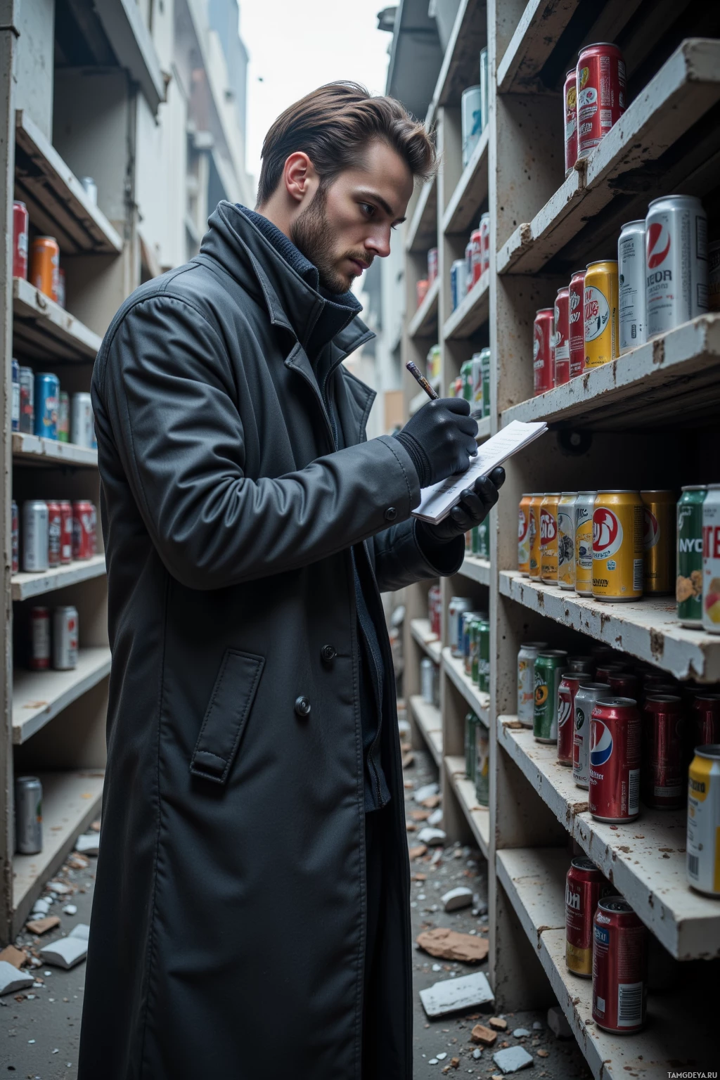 A man in a long coat and gloves writes on a clipboard in a cluttered storage area with shelves of cans.