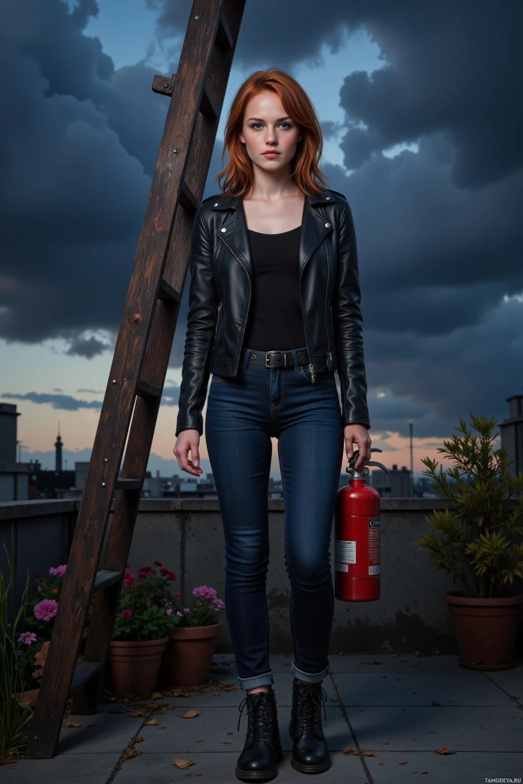 A person stands on a rooftop holding a fire extinguisher, wearing a black leather jacket and jeans.