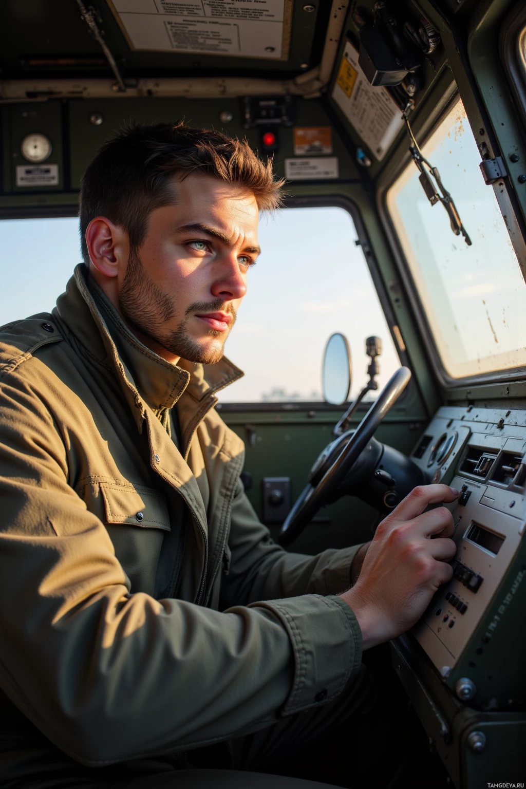 A man in a military-style jacket sits inside a vehicle, operating controls.