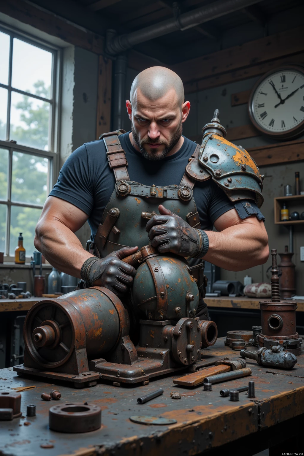 A muscular man in a workshop, wearing a harness and gloves, works on a rusted mechanical device.