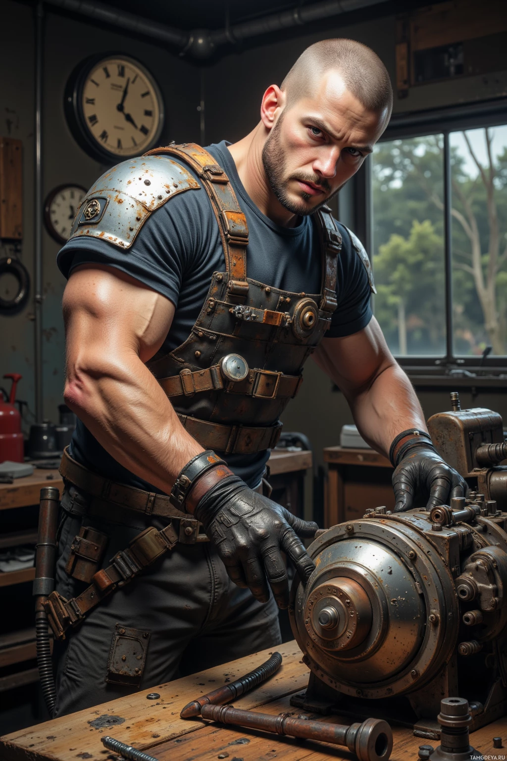 A muscular man in a workshop setting, wearing a utility vest and gloves, works on a mechanical device.