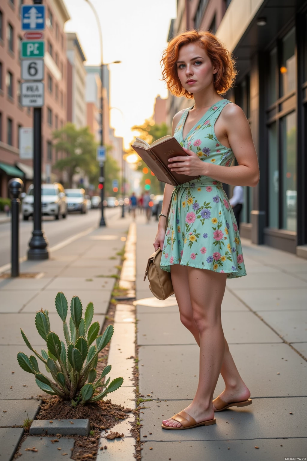 A woman in a floral dress stands on a city sidewalk holding a book.