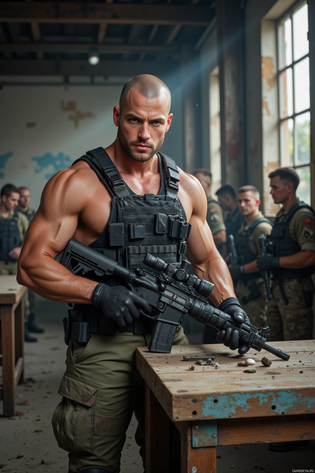 A muscular man in tactical gear holds a rifle, standing in a room with other individuals.
