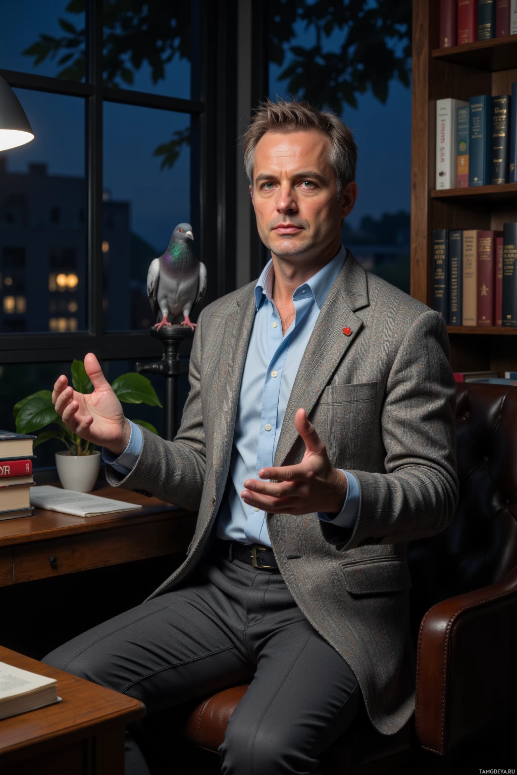 A man in a suit sits in a chair with a pigeon perched on a nearby stand.