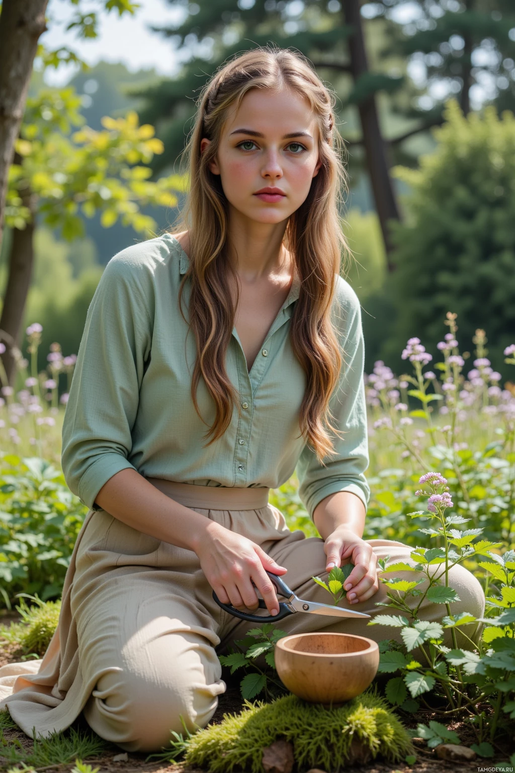 A woman in a green shirt and beige pants is kneeling in a garden, holding a pair of scissors and a small bowl.