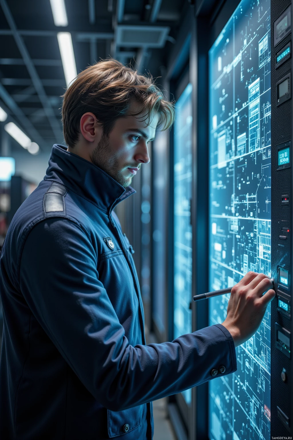 A man in a dark jacket is interacting with a large digital display in a modern setting.