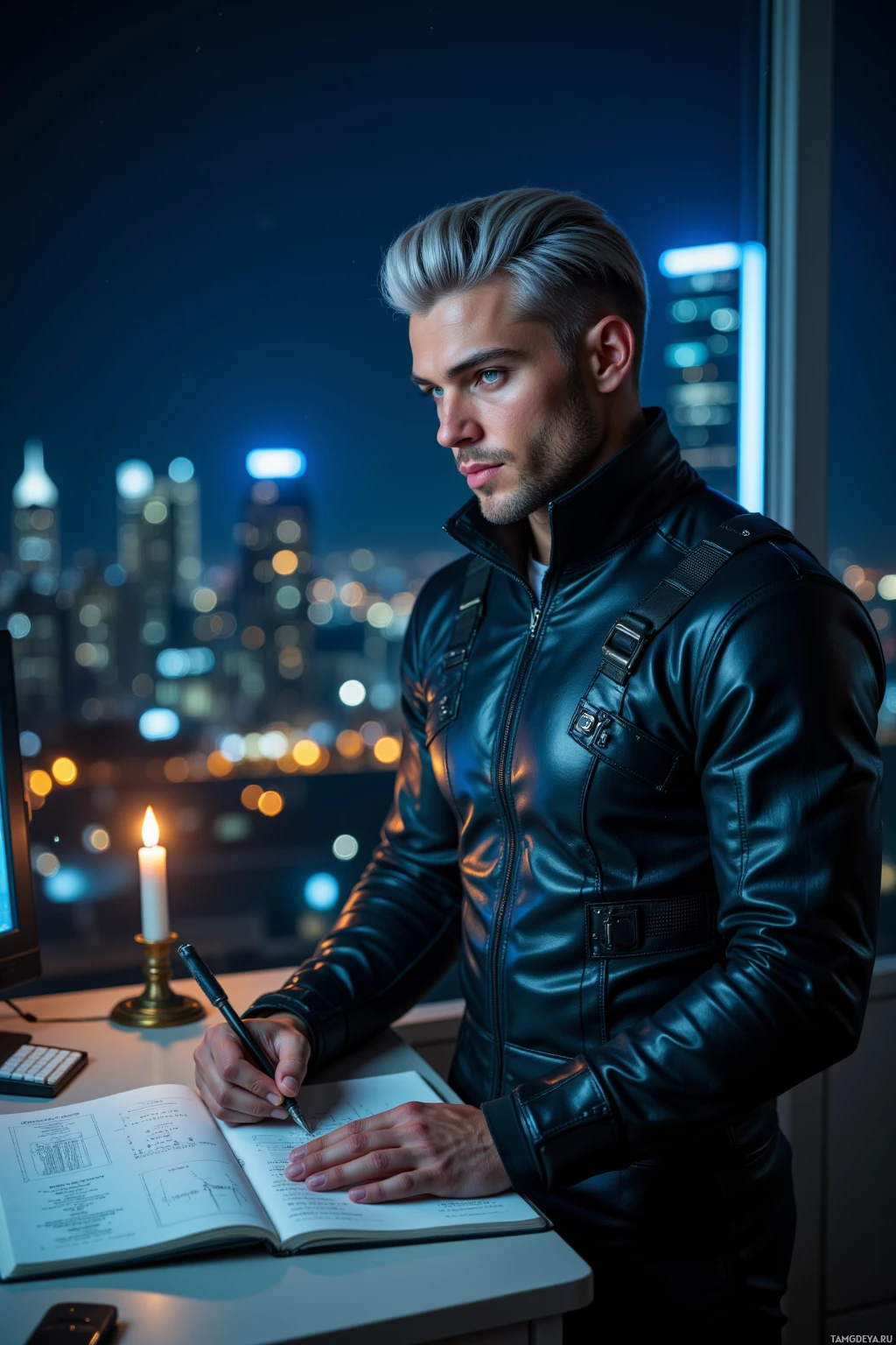 A man in a leather jacket writes in a notebook by candlelight, with a cityscape visible through the window.