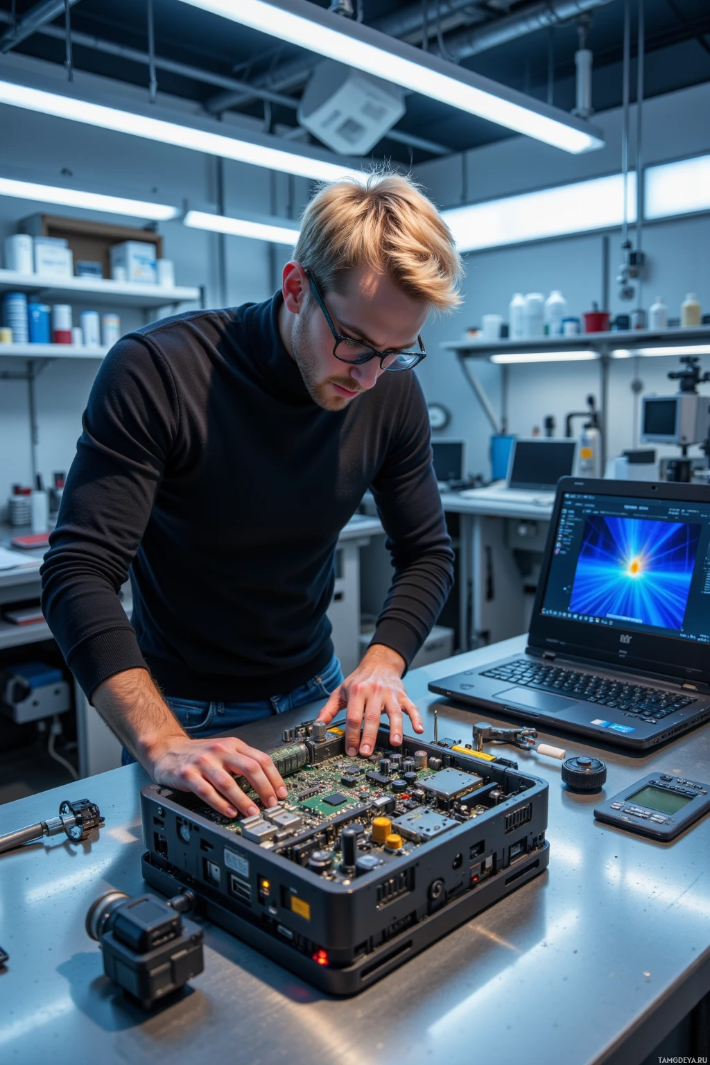 A person is working on a complex electronic device in a laboratory setting.