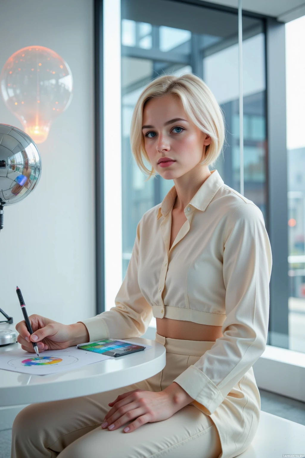 A person in a light-colored outfit sits at a desk with a color wheel and a pen, in a modern office setting.
