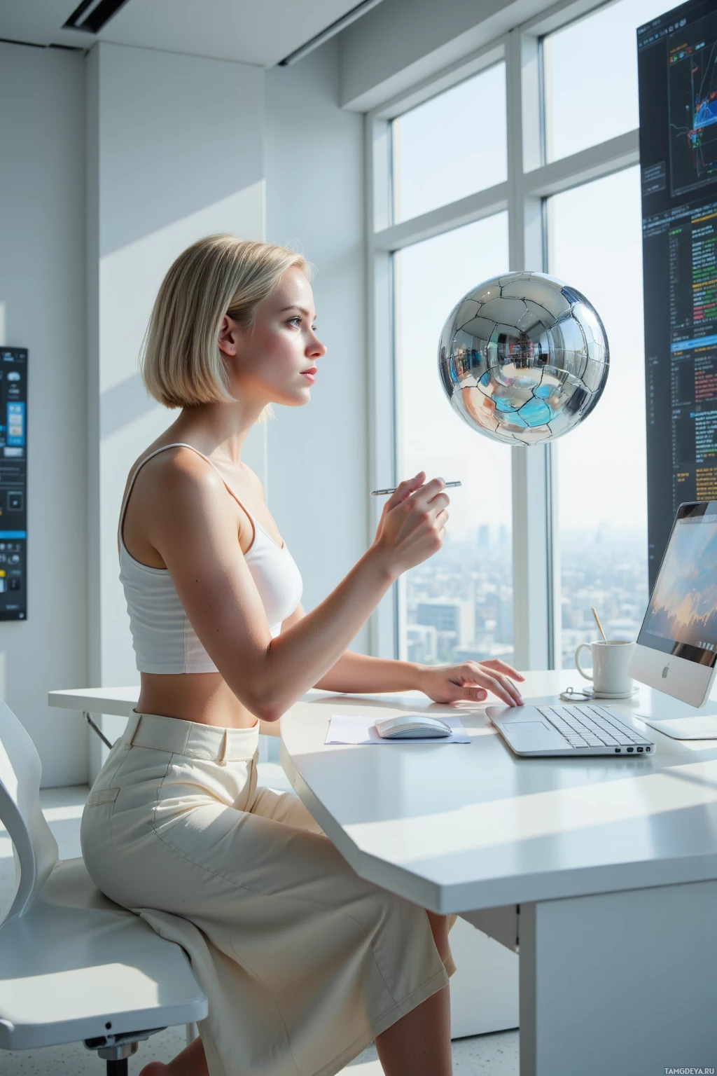 A woman sits at a desk in a modern office, looking out the window.