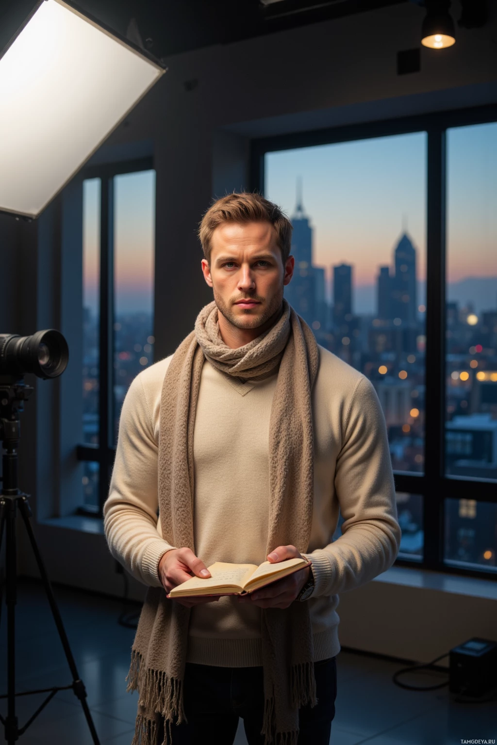 A man stands indoors holding an open book, with a cityscape visible through the window behind him.