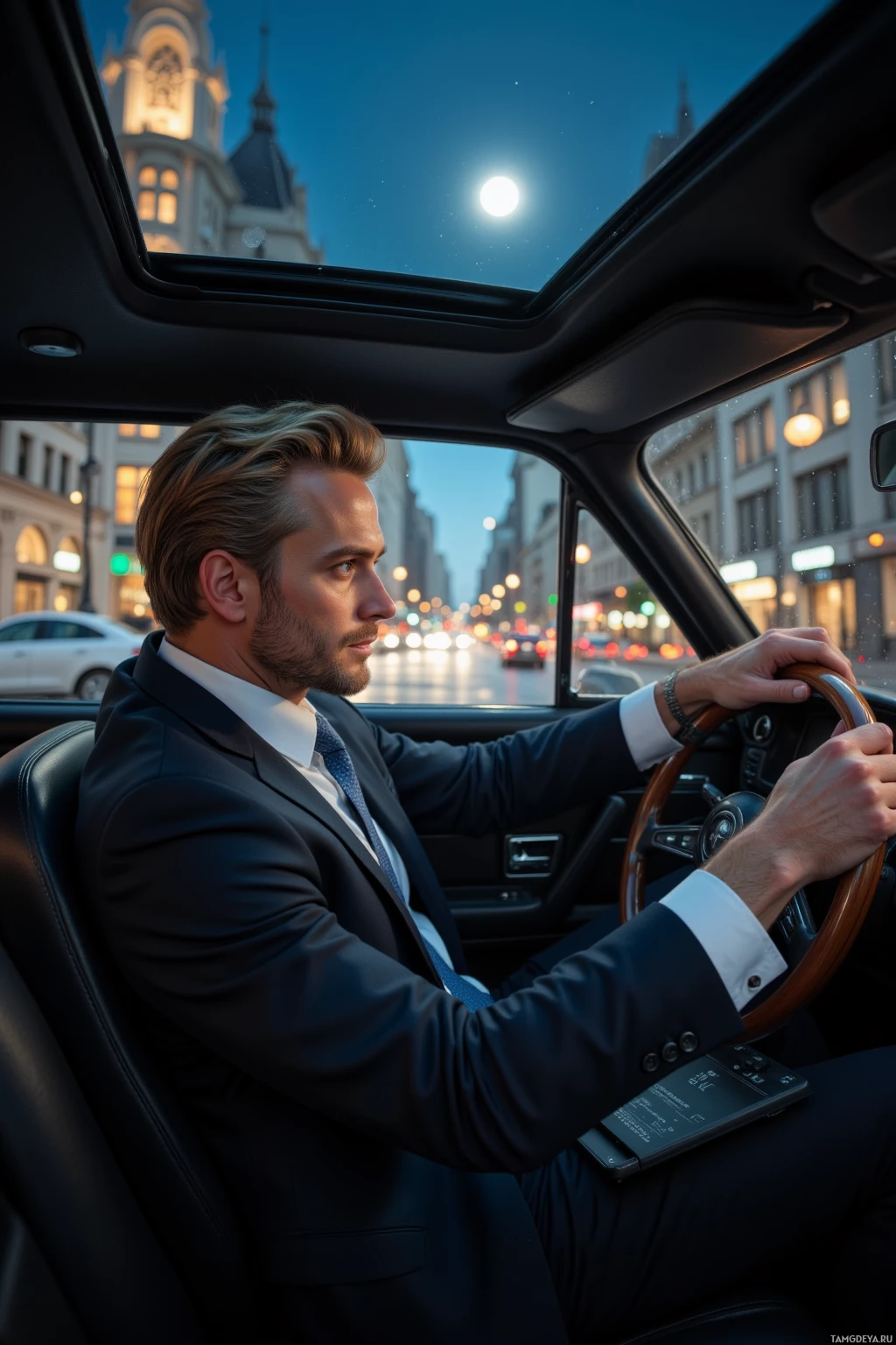 A man in a suit drives a car at night with a cityscape and moon in the background.