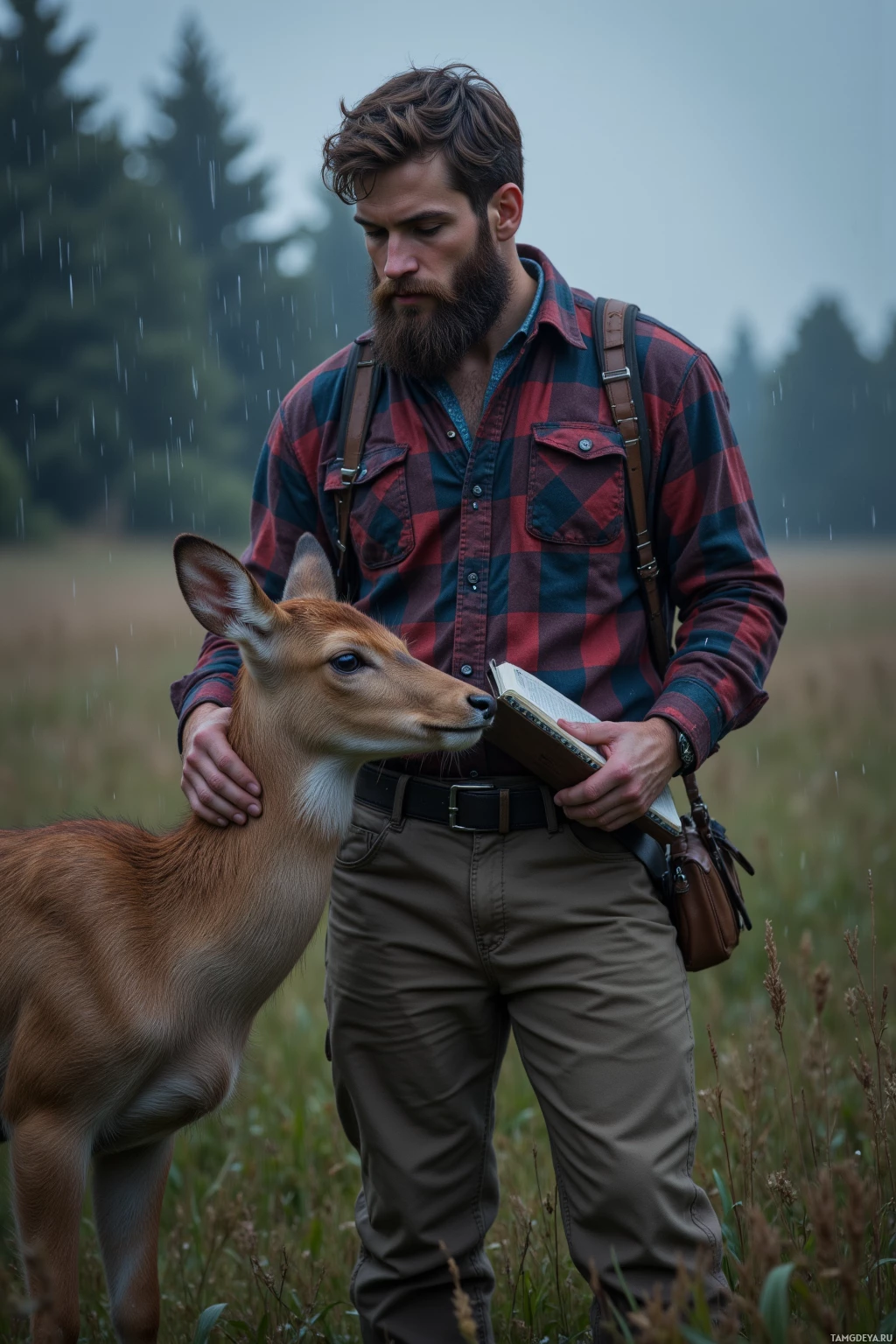 A man in a plaid shirt pets a deer while holding a book in a grassy field.