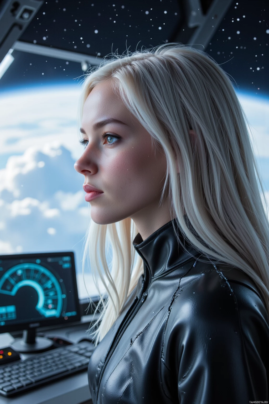 A person with long blonde hair in a black leather jacket stands in front of a computer screen displaying a speedometer, with a view of Earth and space in the background.