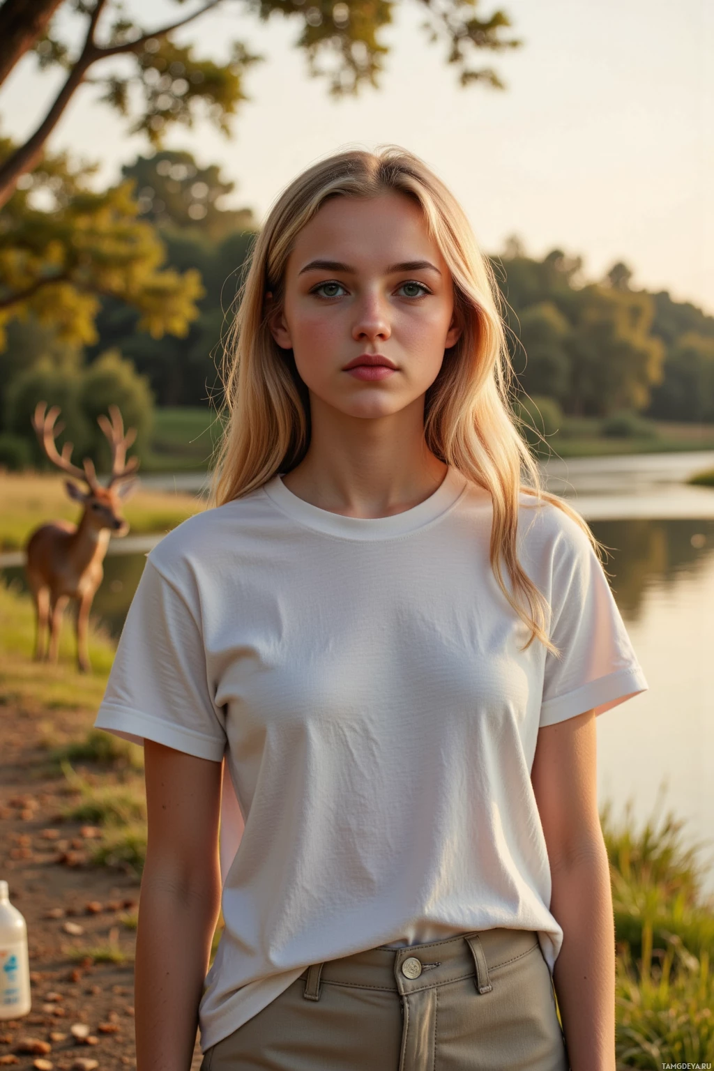 A person stands outdoors near a body of water with trees and a deer in the background.