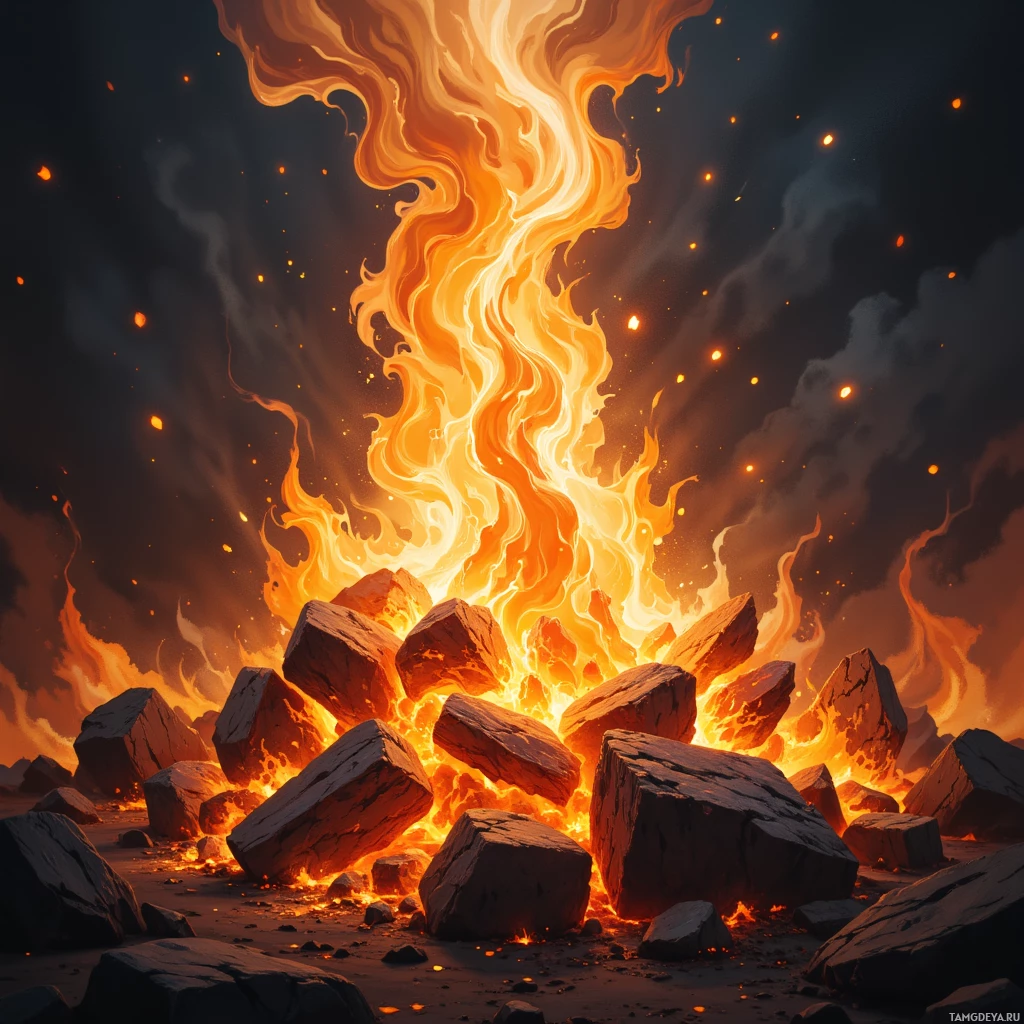 A fiery explosion with glowing embers and rocks in the foreground.
