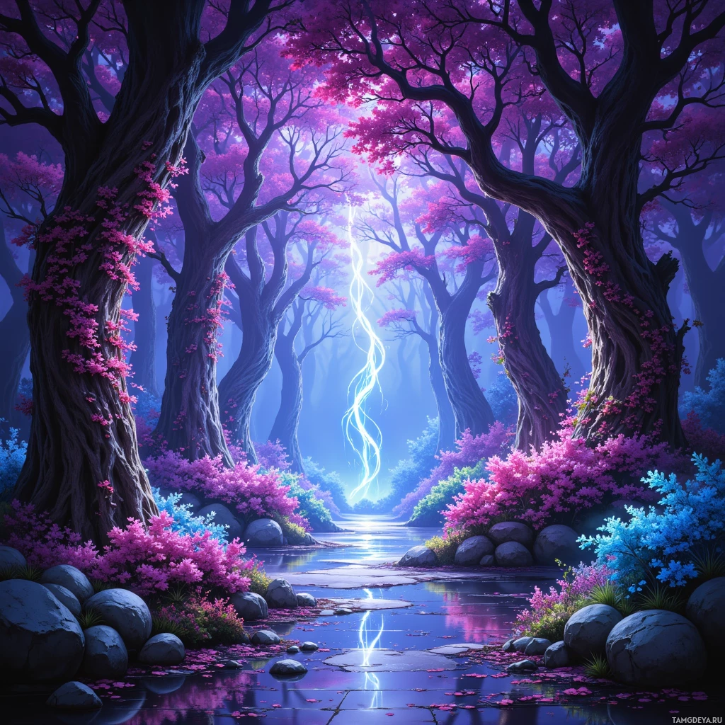 A serene forest scene with vibrant purple and pink flowers, a reflective stream, and tall trees.