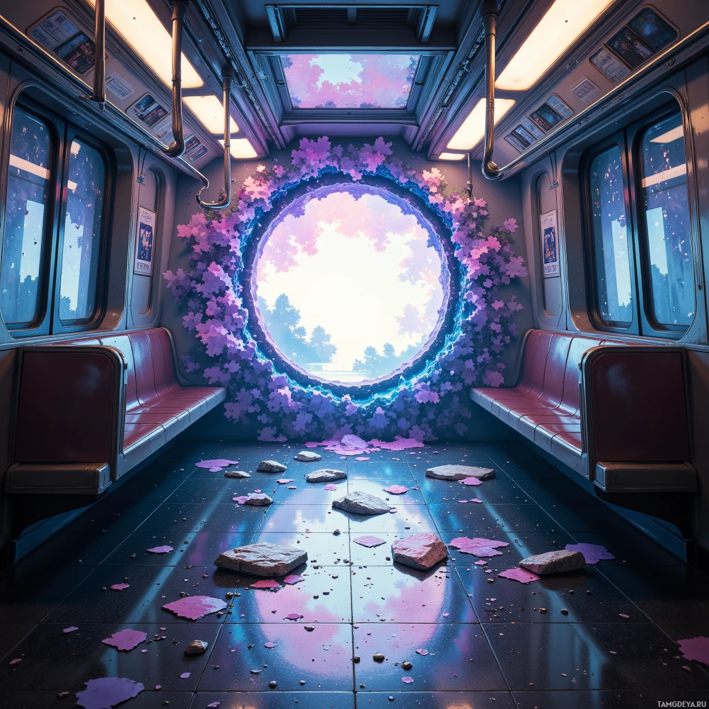 A futuristic train car interior with a large circular window revealing a bright, ethereal landscape.