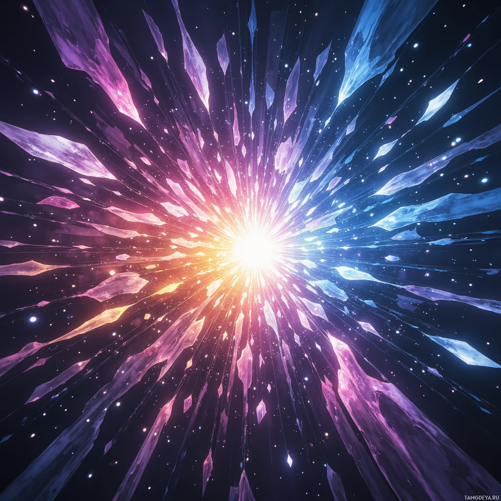 A vibrant cosmic explosion with radiant beams and scattered particles.